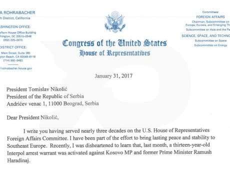Letra e kongresistit amerikan, Dana Rohrabacher, për Presidentin serb, Tomislav Nikoliq