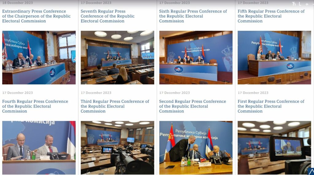 Fotografi nga konferencat për media të Komisionit Zgjedhor të Serbisë, të mbajtura më 17 dhe 18 dhjetor 2023. 