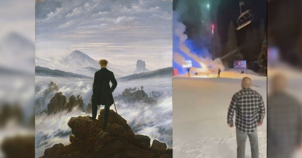 Piktori romantik Caspar David Friedrich's Endacaku në detin e mjegullt (1818, uikipedia, majtas) dhe fotografia që supozohet të jetë Millan Radoiçiq (X, Nemanja Sharoviq, djathtas), marrin pozë 